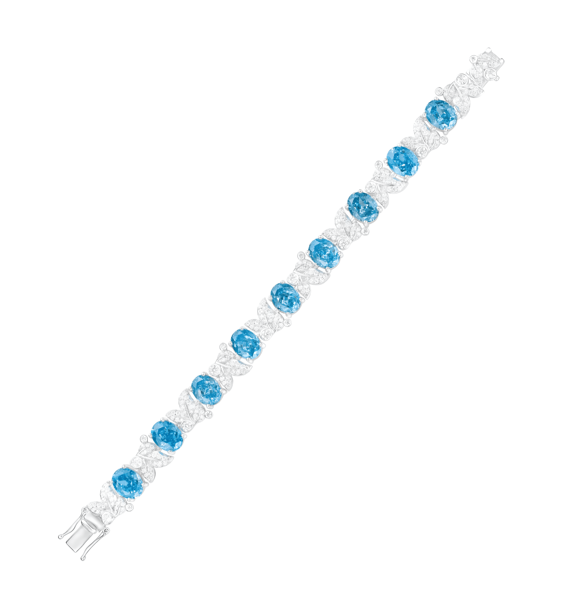 The Gem Vivi Aquamarine Oval Leaf Tennis Bracelet features alternating ocean blue and clear gemstones set in 18k white gold, arranged in a single row with a secure clasp.