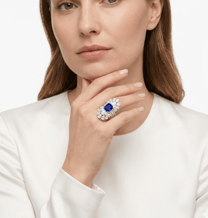 Blue Radiant Cushion - Cut Sapphire Halo Ring - Gem Vivi