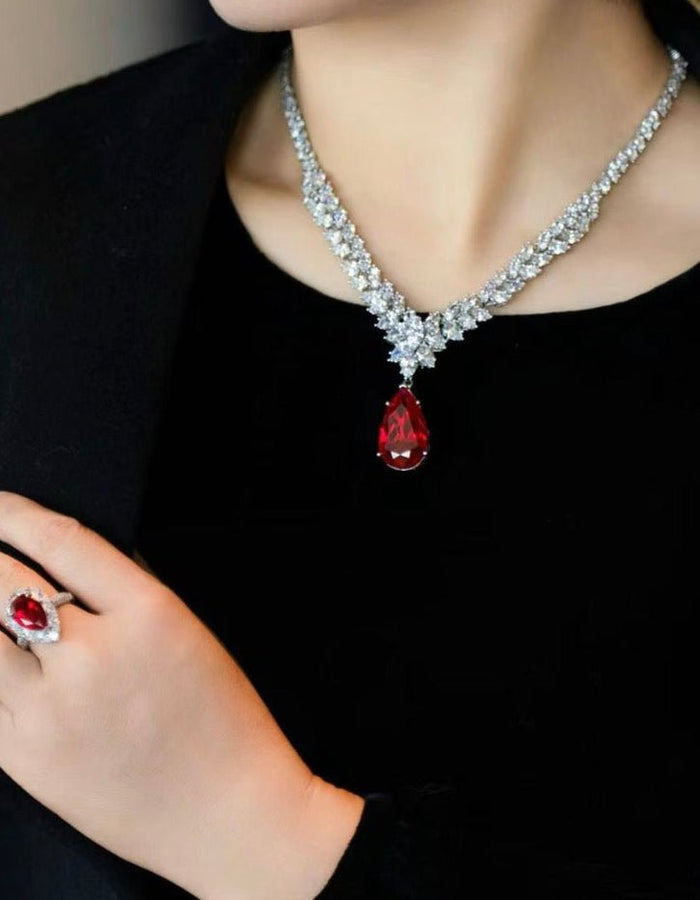 Caroline Ruby Teardrop Statement Necklace - Gem Vivi