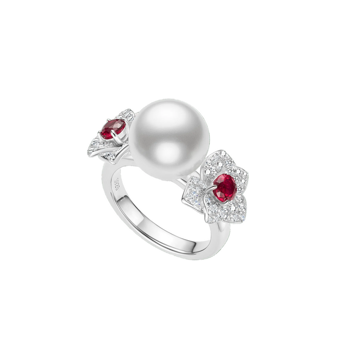 Cascade Pearl Rosette Ruby Ring - Gem Vivi