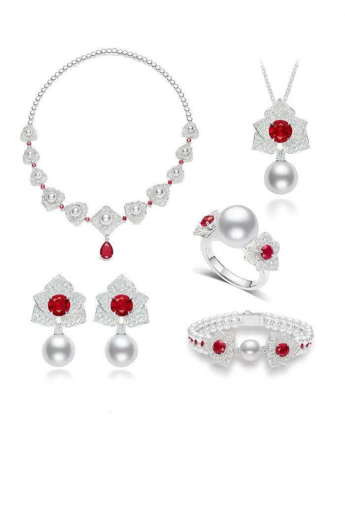 Cascade Pearl Rosette Ruby Ring - Gem Vivi