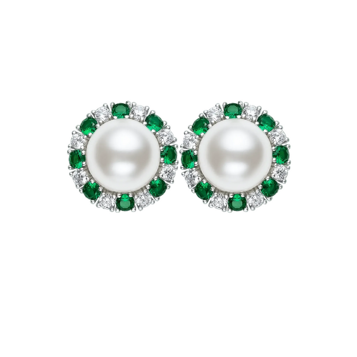 Elegant Emerald and Pearl Stud Earrings - Gem Vivi