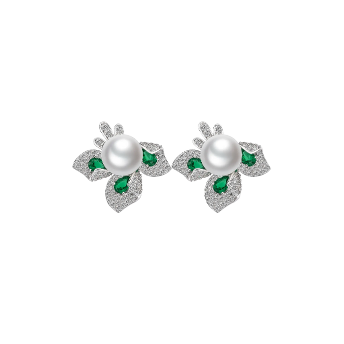 Emerald and Pearl Blossom Studs Earrings - Gem Vivi