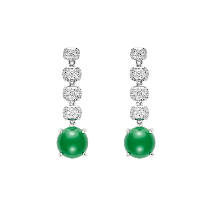 Introducing the Gem Vivi Chalcedony Cabochon Drop Earrings: elegant emerald-green drops with three white gemstone clusters and a single green stone, all set in luminous 18k white gold.