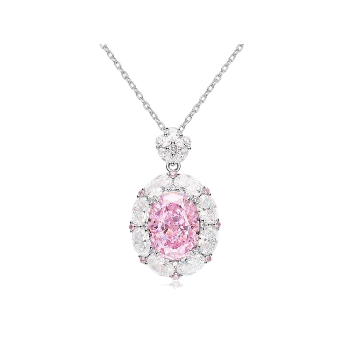 The Rosé Allure Oval Halo Necklace by Gem Vivi features a pink vivi gem in an oval cut, accented with clear oval stones—an elegant piece evoking the charm of a floral necklace.