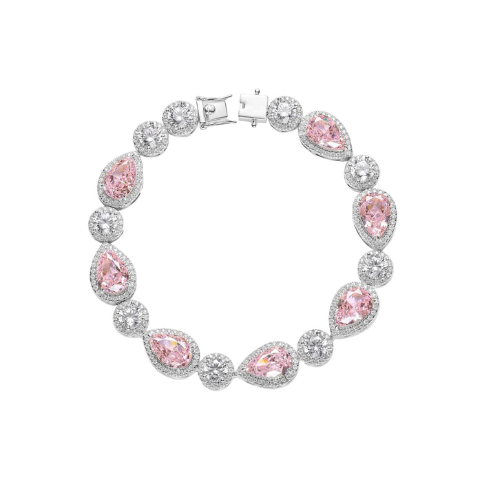 The Angel's Tear Sakura Pink Teardrop Bracelet by Gem Vivi features alternating pear-shaped pink and round clear gemstones, beautifully set in 925 Sterling Silver.