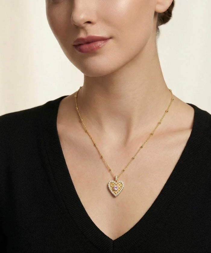 Woven Heart Pink Sparkle Necklace - Gem Vivi