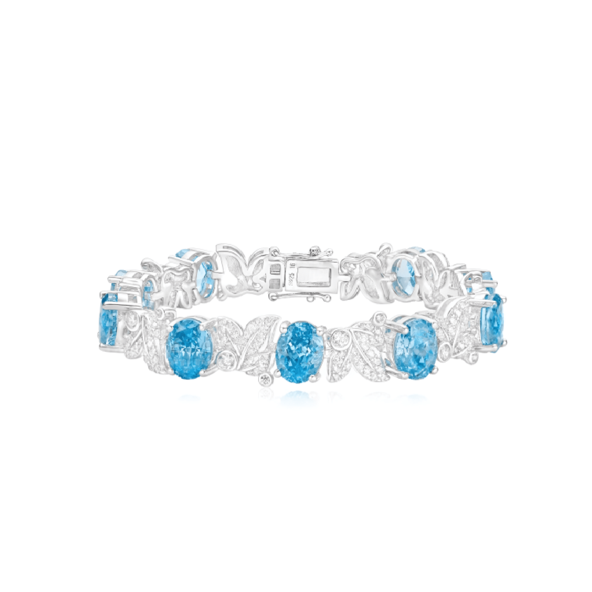 The Gem Vivi Aquamarine Oval Leaf Tennis Bracelet is crafted in 18k white gold with oval ocean blue gemstones and clear crystal accents in a delicate leaf-inspired floral design.