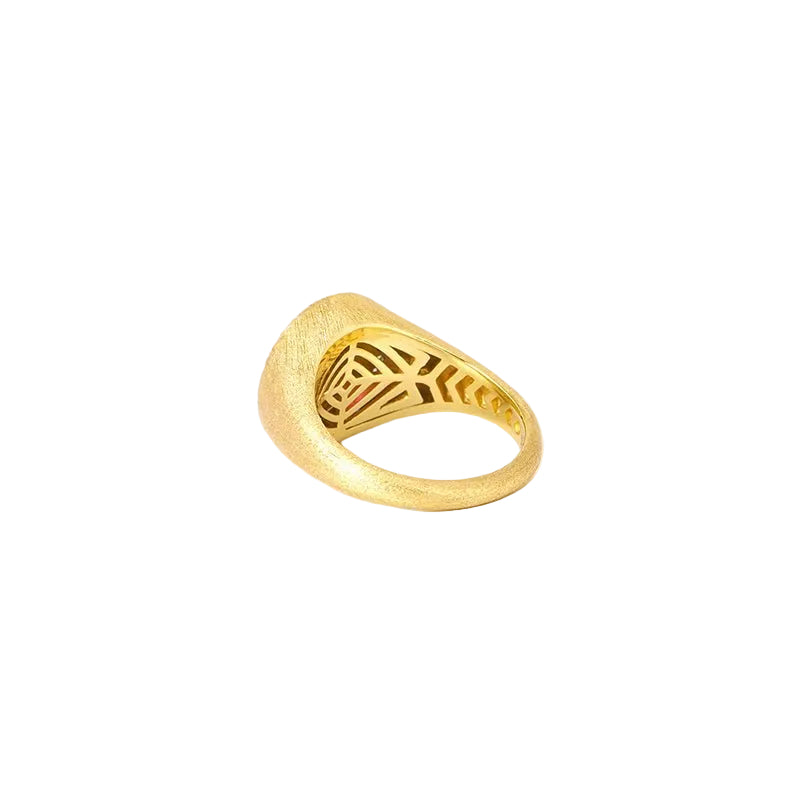 The Ivy Signet Ring by Gem Vivi is crafted in textured 18K yellow gold, featuring a geometric cut-out pattern on the inner side and displayed on a white background.