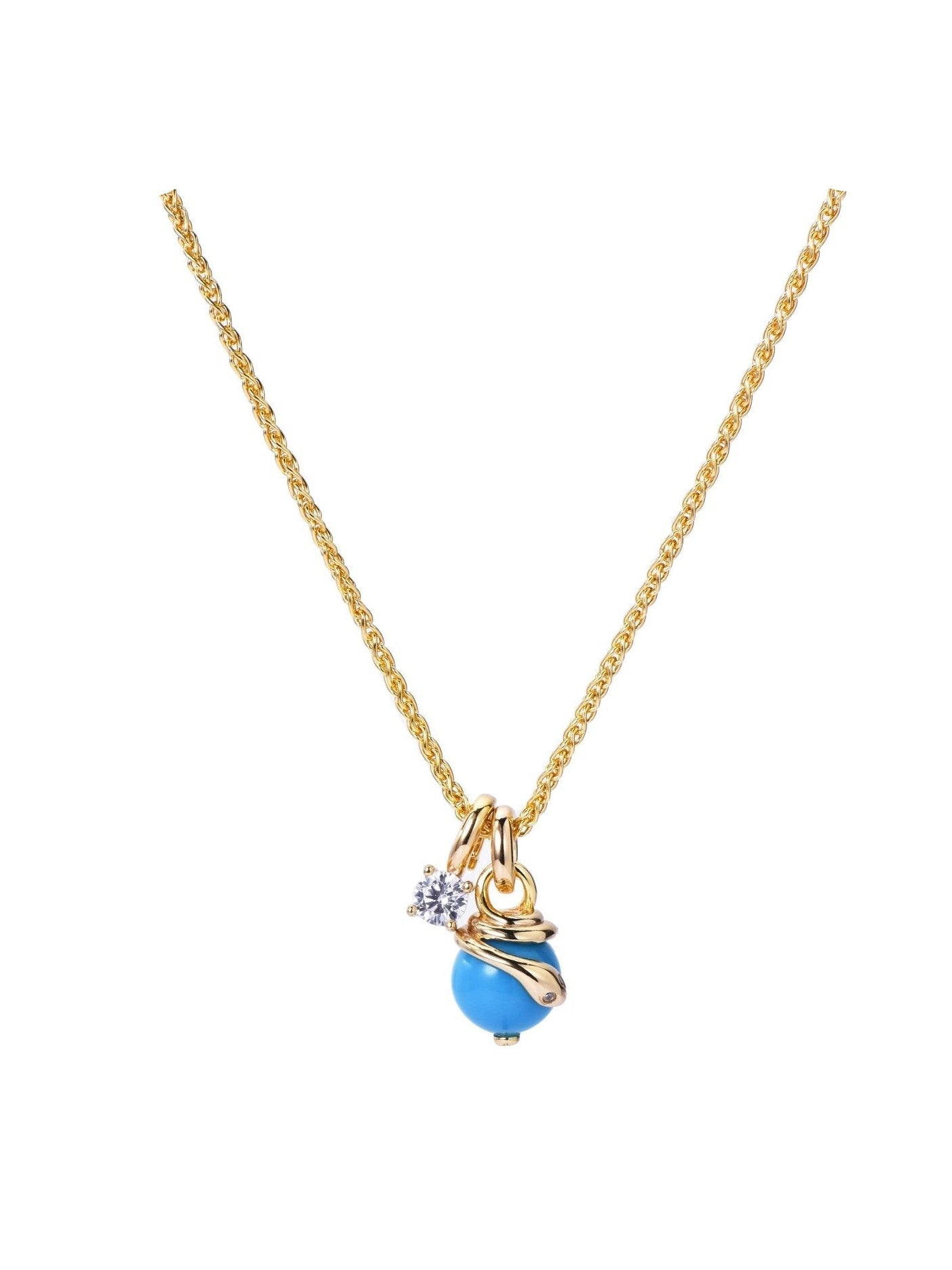 The Serpentine Charm Necklace by Gem Vivi features a gold chain with a blue bead pendant, small clear gemstone, and gold accents, displayed on a white background.