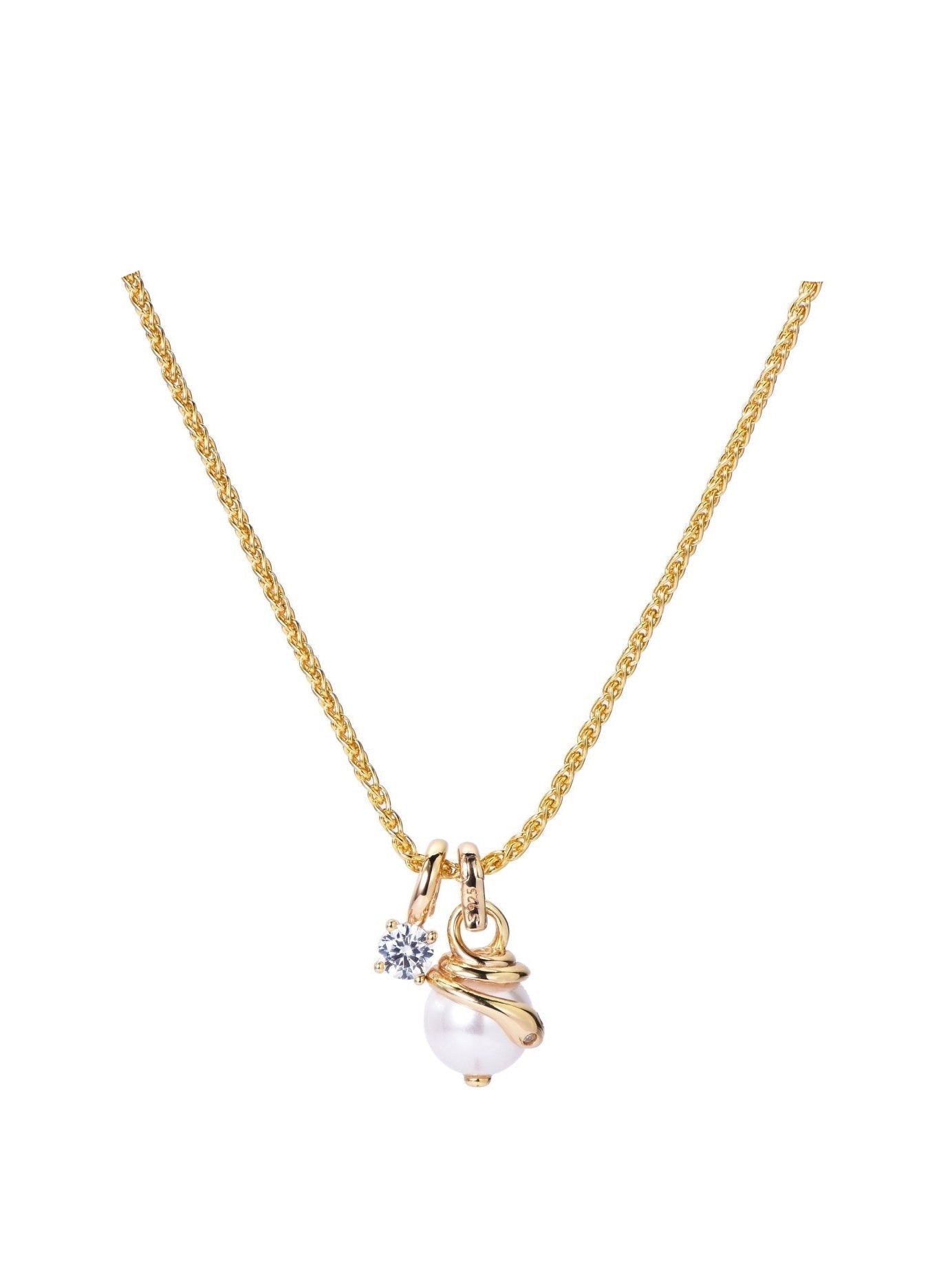 The Serpentine Charm Necklace by Gem Vivi features an 18K yellow gold chain with a pendant showcasing a shell pearl encircled by gold and accented with a small clear gemstone.
