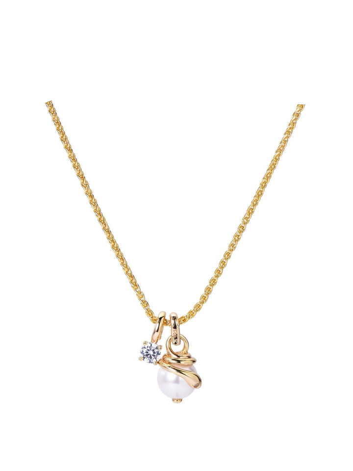 The Serpentine Charm Necklace by Gem Vivi features an 18K yellow gold chain with a pendant showcasing a shell pearl encircled by gold and accented with a small clear gemstone.