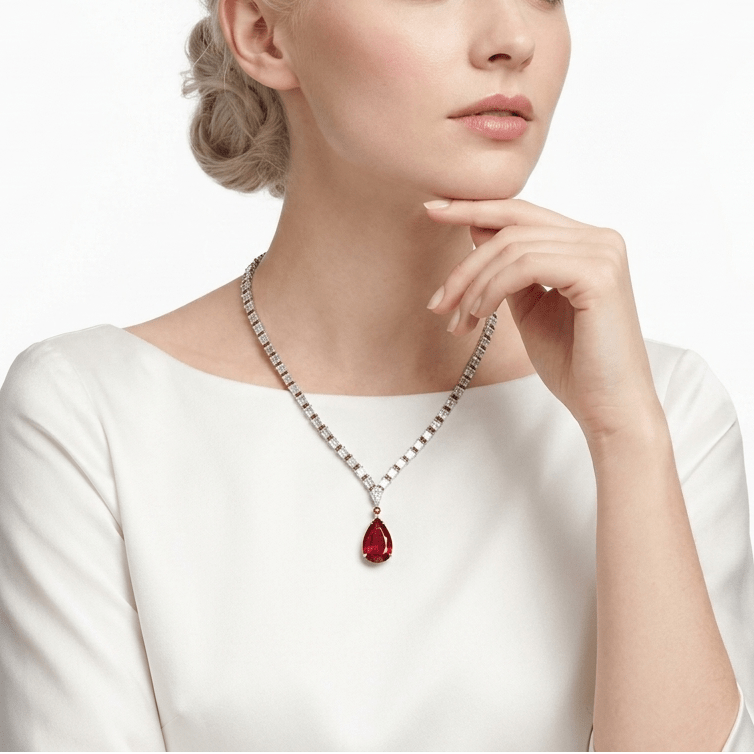 Baguette And Teardrop Ruby Statement Necklace - Gem Vivi