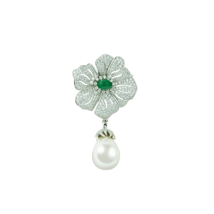 The Gem Vivi Teardrop Chalcedony Blooming Brooch features a flower design with a green chalcedony center, sparkling diamonds, and a large teardrop shell pearl, all set in elegant 18k white gold.