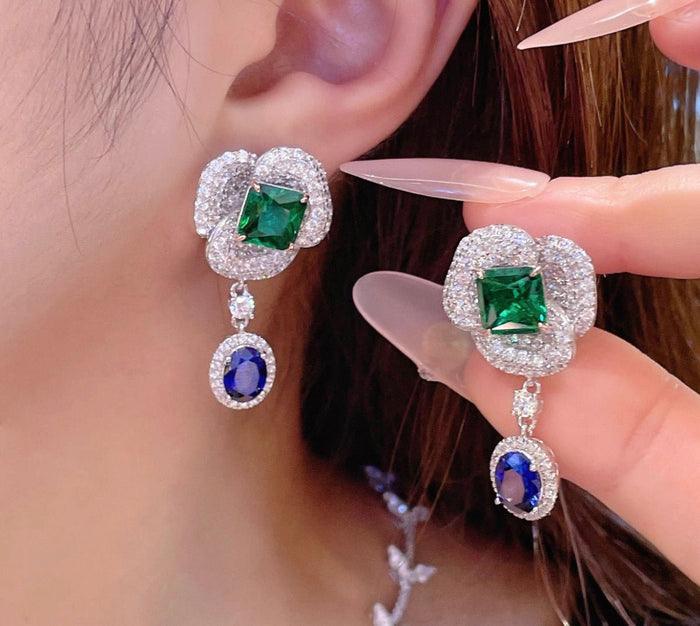 Blossom Emerald & Sapphire Drop Earrings - Gem Vivi