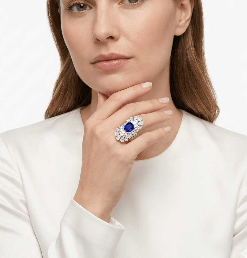 Blue Radiant Cushion - Cut Sapphire Halo Ring - Gem Vivi