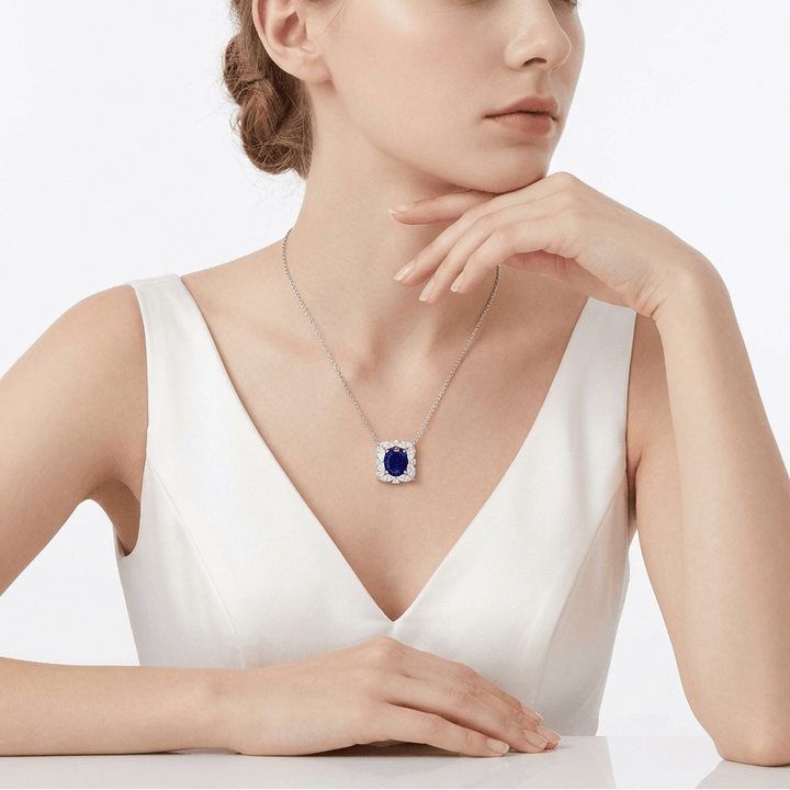 Blue Sapphire Bloom Halo Pendant Necklace - Gem Vivi
