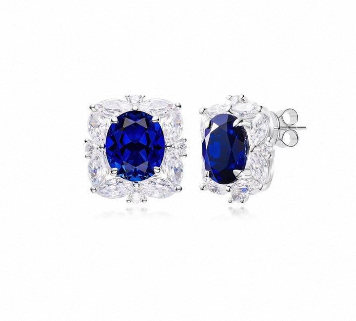 Blue Sapphire Bloom Halo Stud Earrings - Gem Vivi