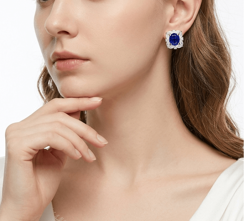 Blue Sapphire Bloom Halo Stud Earrings - Gem Vivi