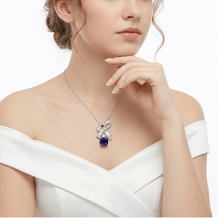 Blue Sapphire Drop Ribbon Pendant Necklace - Gem Vivi