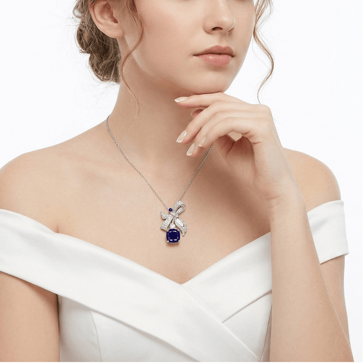 Blue Sapphire Drop Ribbon Pendant Necklace - Gem Vivi