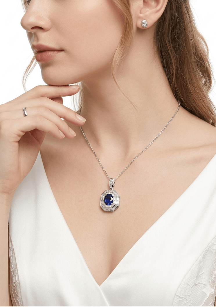 Blue Sapphire Halo Pendant Necklace - Gem Vivi