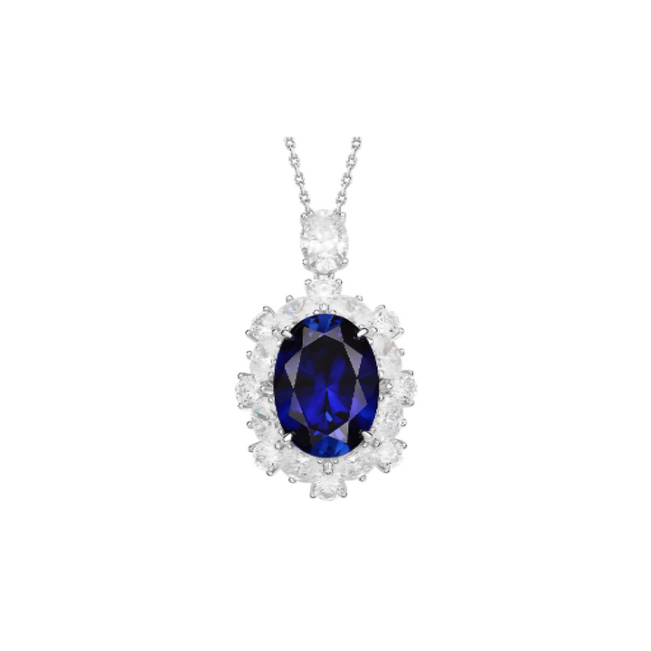 Blue Sapphire Large Halo Pendant Necklace - Gem Vivi