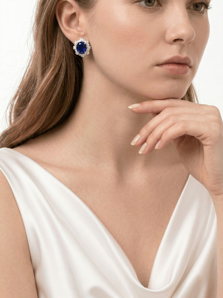 Blue Sapphire Large Halo Stud Earrings - Gem Vivi