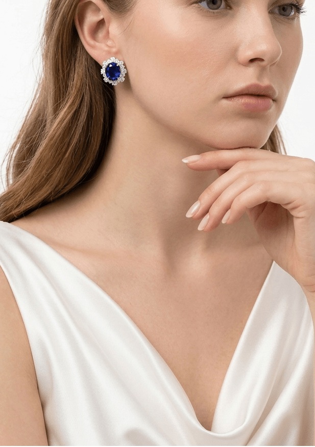Blue Sapphire Large Halo Stud Earrings - Gem Vivi
