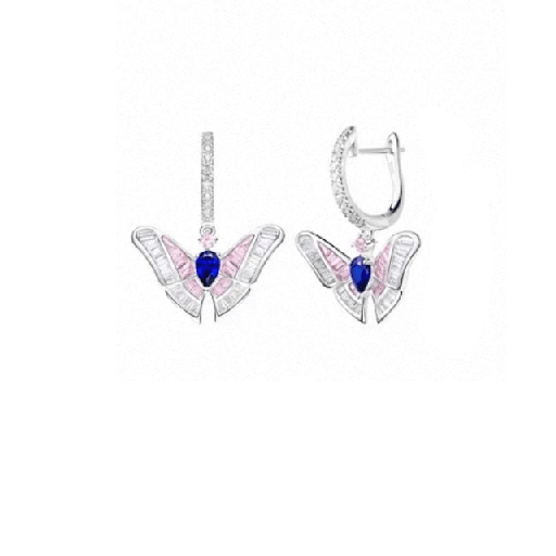 The Enchanted Butterfly Drop Earrings by Gem Vivi feature silver bodies, pink-accented wings, and vibrant blue sapphire drop stones.