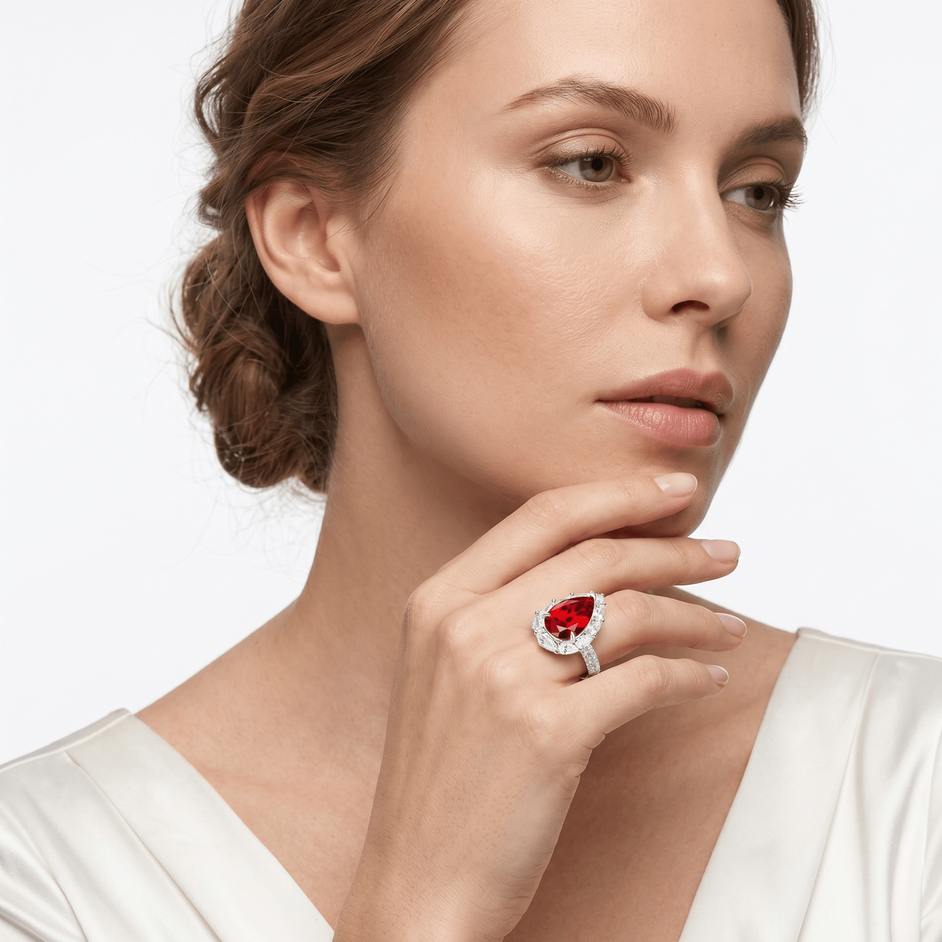 Caroline Pear Ruby Radiant Halo Ring - Gem Vivi