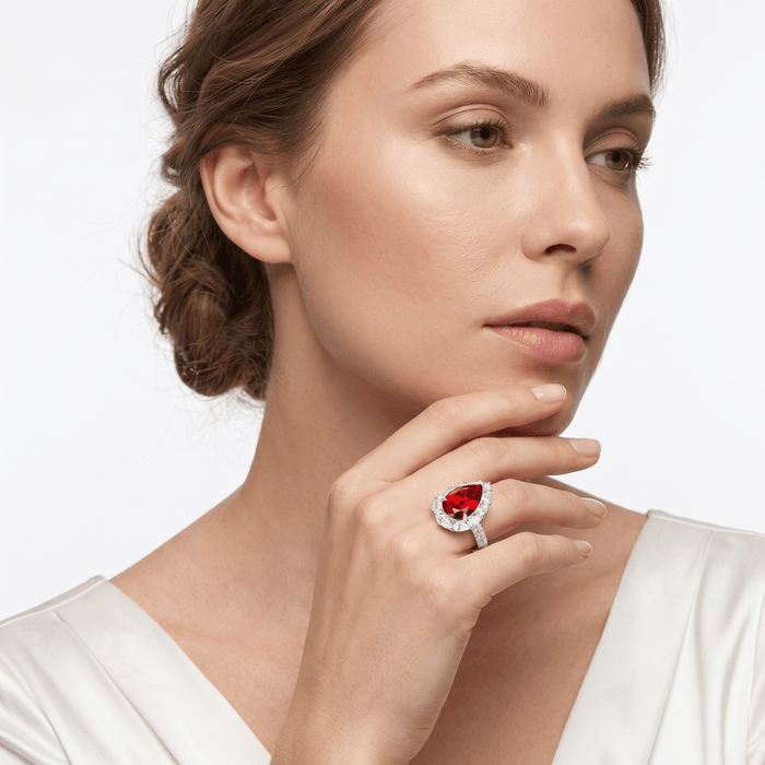 Caroline Pear Ruby Radiant Halo Ring - Gem Vivi
