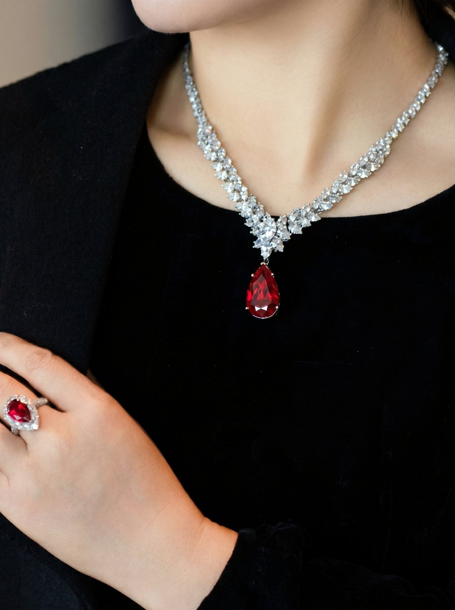 Caroline Ruby Teardrop Statement Necklace - Gem Vivi
