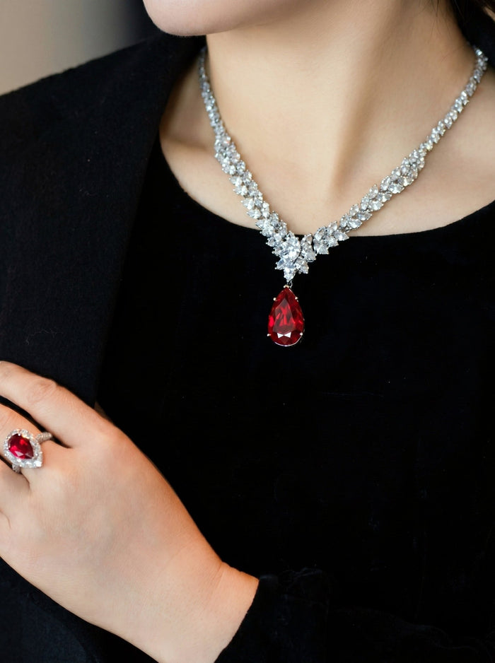 Caroline Ruby Teardrop Statement Necklace - Gem Vivi