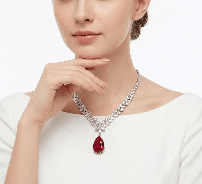 Caroline Ruby Teardrop Statement Necklace - Gem Vivi