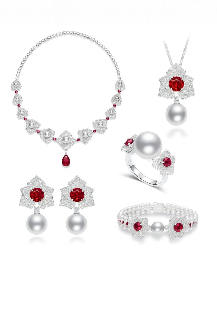 Cascade Pearl Rosette Ruby Earring - Gem Vivi