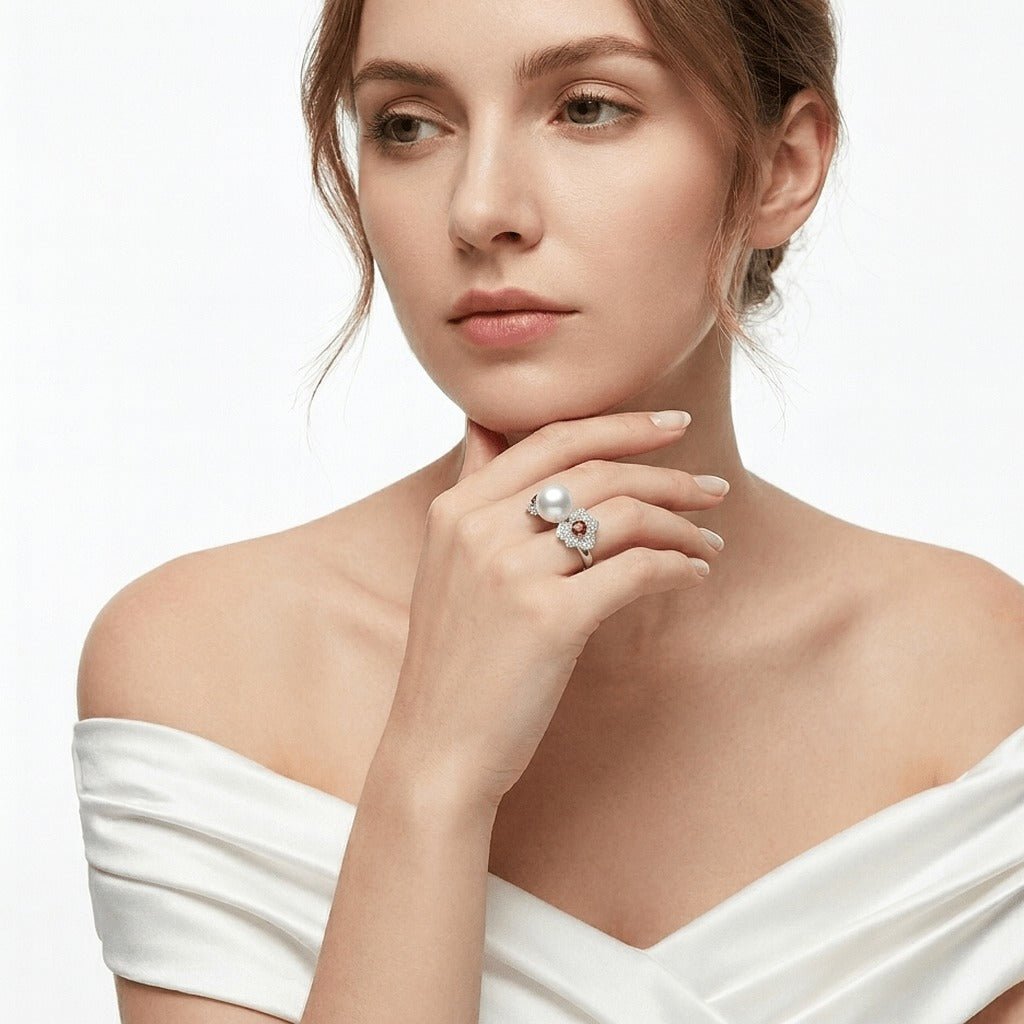 Cascade Pearl Rosette Ruby Ring - Gem Vivi