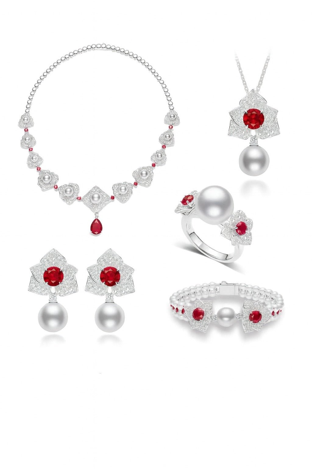 Cascade Pearl Rosette Ruby Ring - Gem Vivi