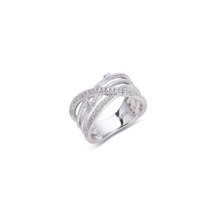 The Gem Vivi Sparkle Celeste Crossing Band features multiple overlapping silver bands encrusted with small cubic zirconia stones, shown on a white background.