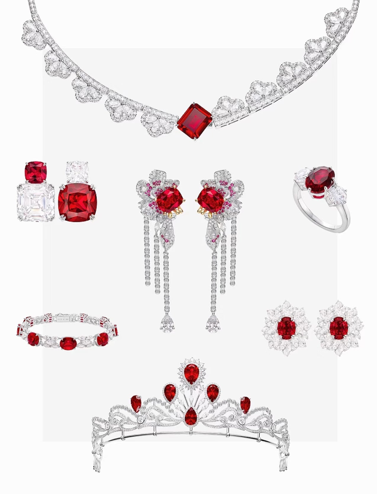 The Gem Vivi Celeste Scarlet Ruby Statement Bracelet is displayed on a white background, surrounded by coordinating diamond and lab-created ruby jewelry pieces.