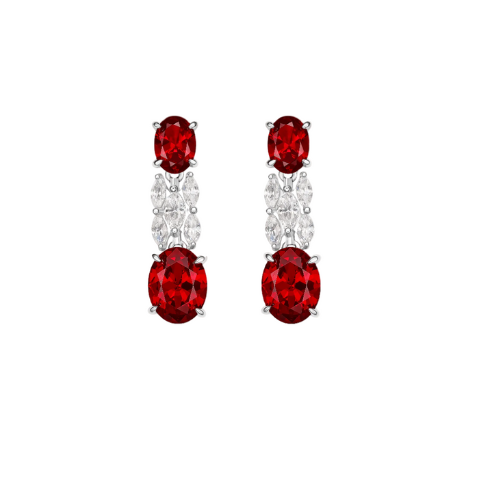 The Gem Vivi Celeste Scarlet Ruby Dangle Earrings showcase two oval lab-created rubies and two marquise-cut clear stones in a striking vertical teardrop design.