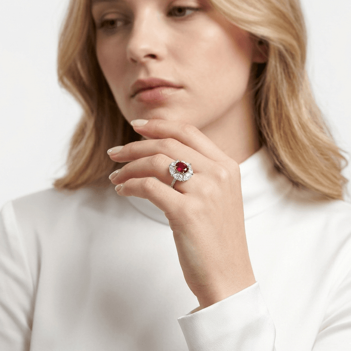 Crimson Ruby Halo Bloom Ring - Gem Vivi