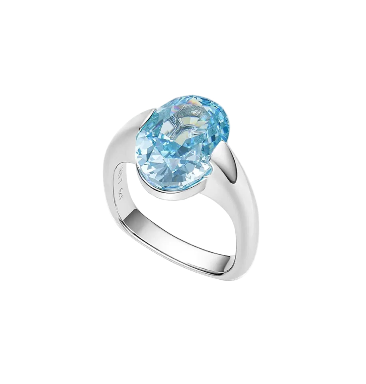 The Crystal Blue Drop Ring by Gem Vivi features a large, oval-cut blue gemstone set in a simple silver band, displayed against a white background.