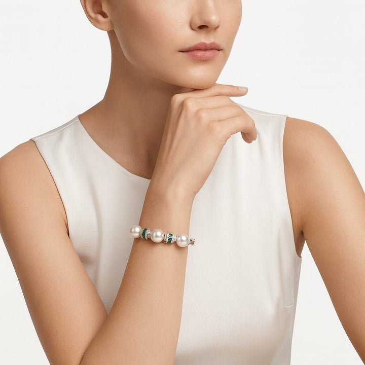 Elegant Pearl and Emerald Bangle Bracelet - Gem Vivi