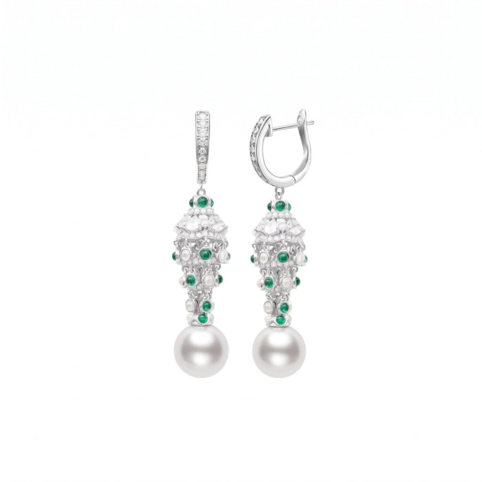 Elegant Pearl and Emerald Tassel Earrings - Gem Vivi