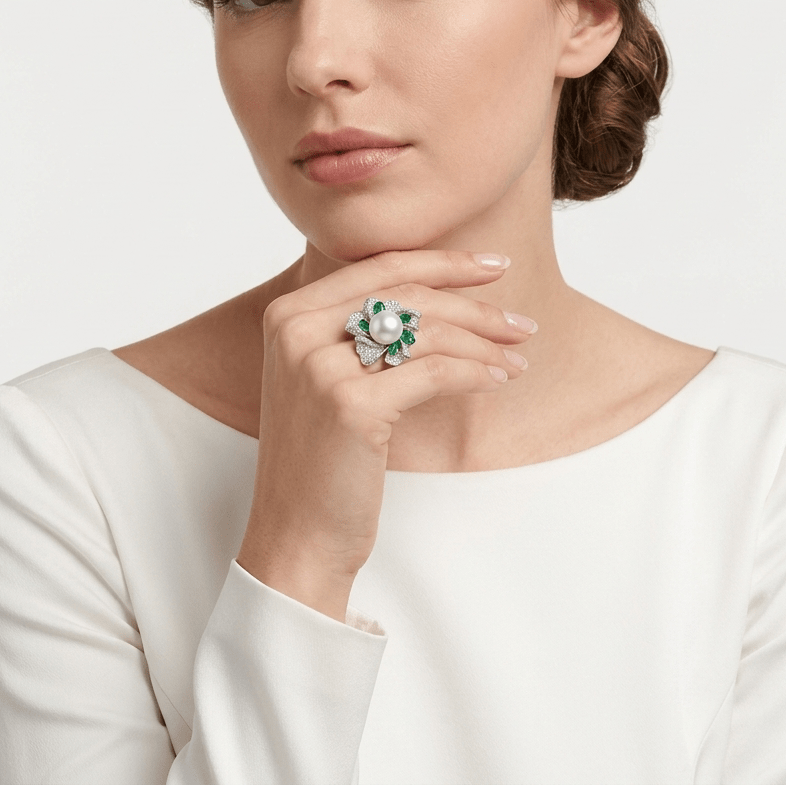 Emerald and Pearl Bloom Ring - Gem Vivi