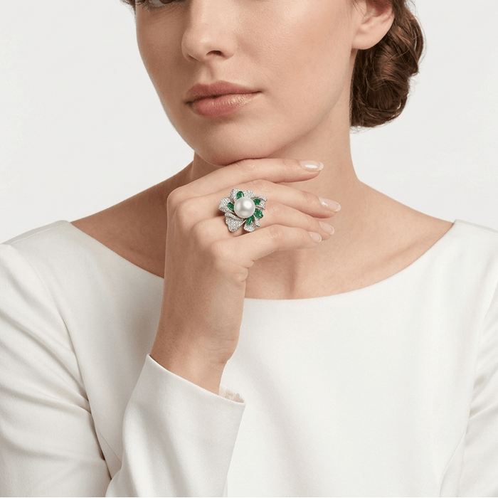 Emerald and Pearl Bloom Ring - Gem Vivi