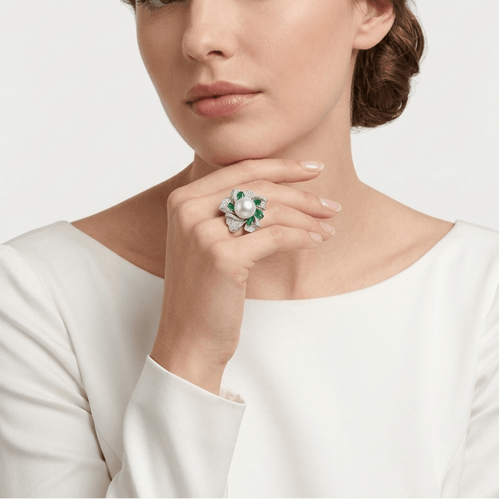 Emerald and Pearl Bloom Ring - Gem Vivi