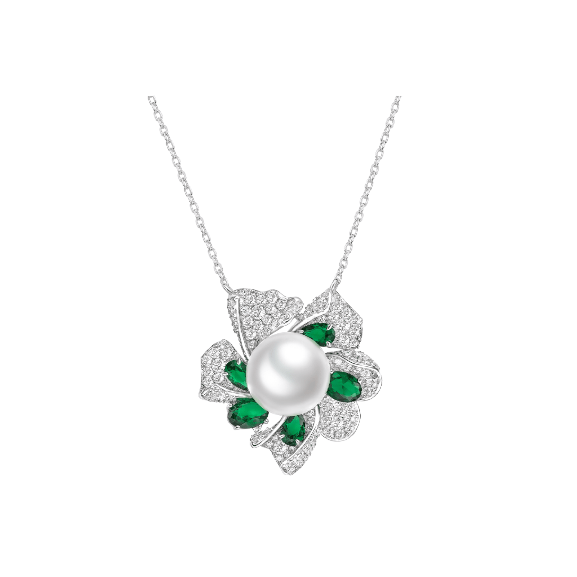 Emerald and Pearl Blossom Pendant Necklace - Gem Vivi