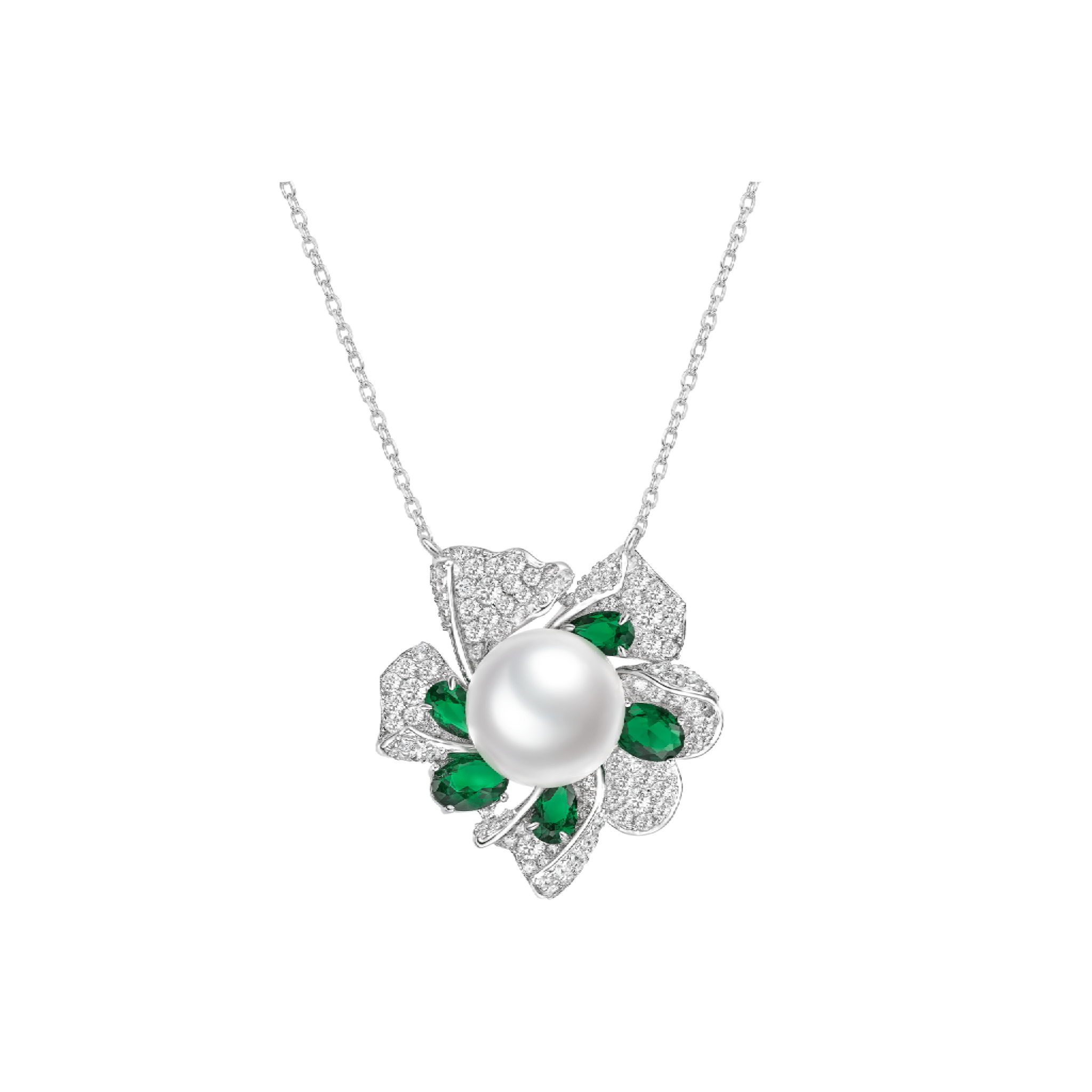 Emerald and Pearl Blossom Pendant Necklace - Gem Vivi